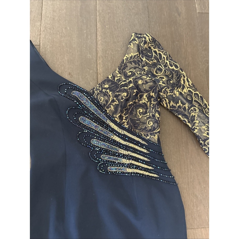 S Balian Ball Gown Straight Navy Beaded With Gold Peacock Dress